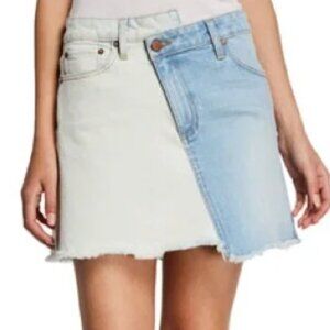 Alice + Olivia Asymmetrical Two Tone High Rise White Blue Denim Mini Skirt